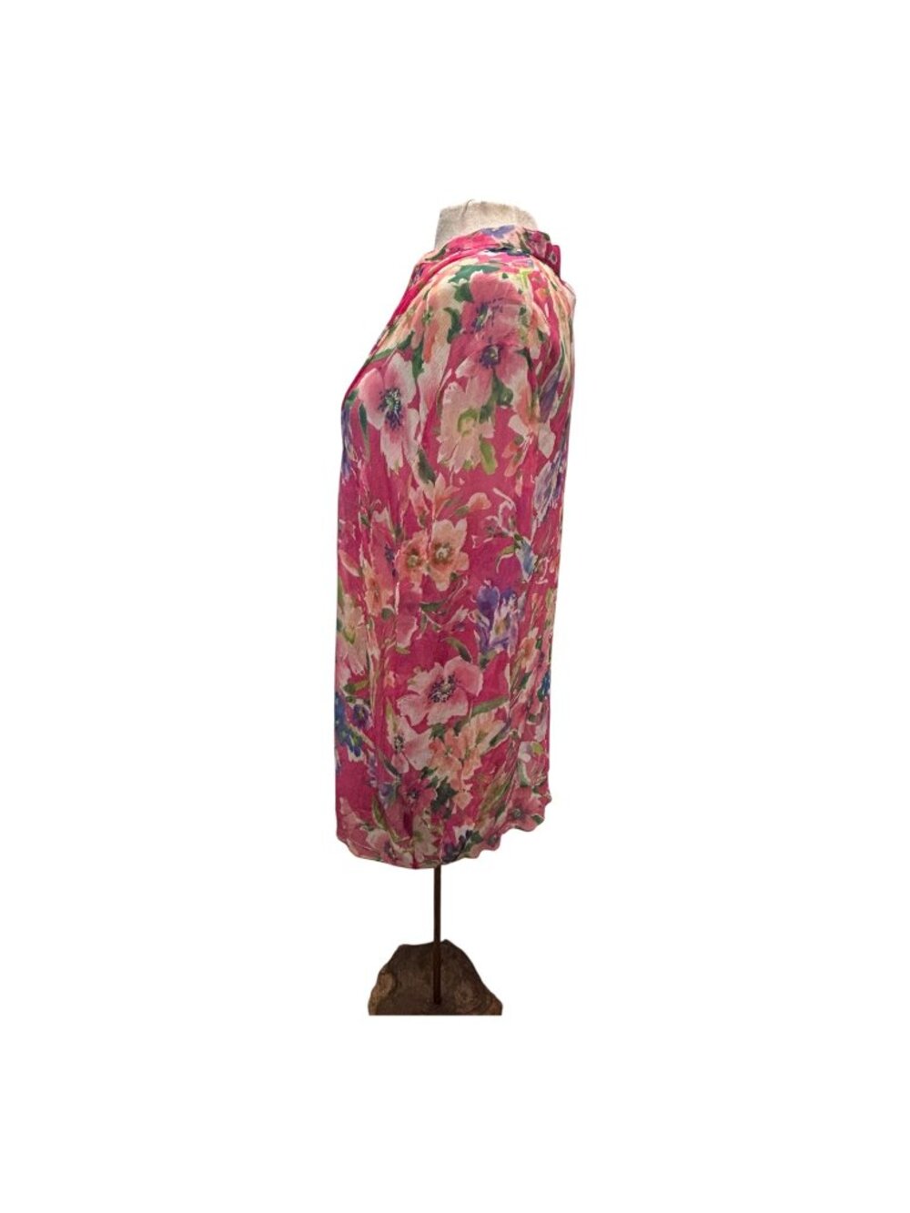 Lauren Ralph Lauren 2X 100% Silk Floral Tunic Blouse Pink Pleated Neck Long Slee - Picture 4 of 8